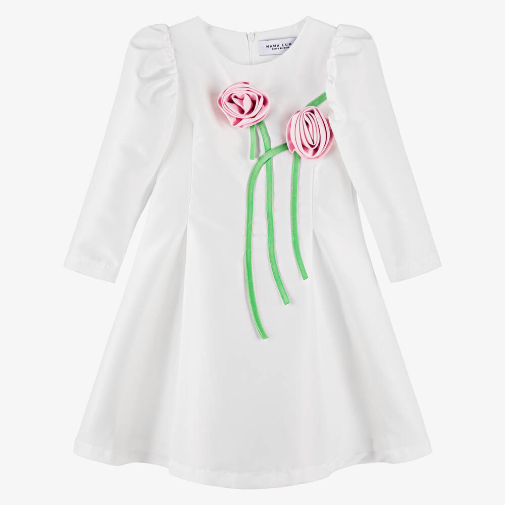Mama Luma-Girls White Satin Dress with Pink Floral Accents | Childrensalon Outlet