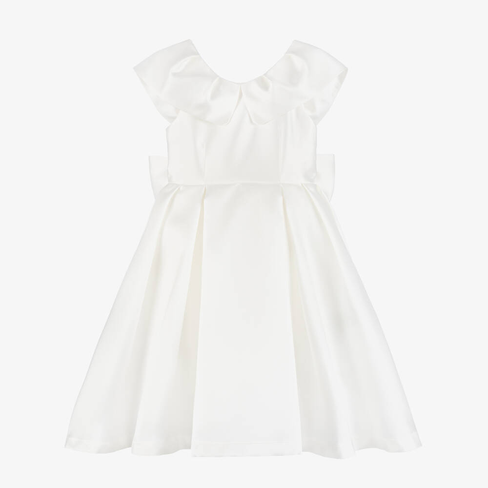 Mama Luma-Girls White Satin Twill Dress with Oversized Collar | Childrensalon Outlet