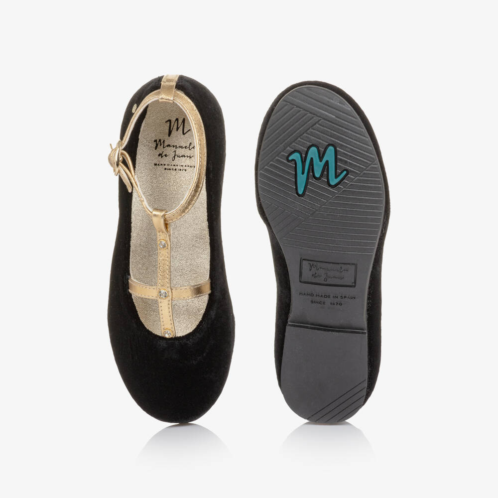 Manuela de Juan-Girls Black Velvet & Gold Leather Bar Shoes | Childrensalon Outlet