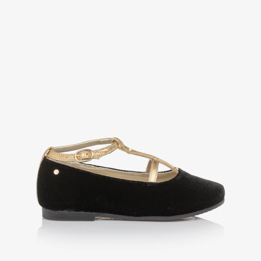 Manuela de Juan-Girls Black Velvet & Gold Leather Bar Shoes | Childrensalon Outlet