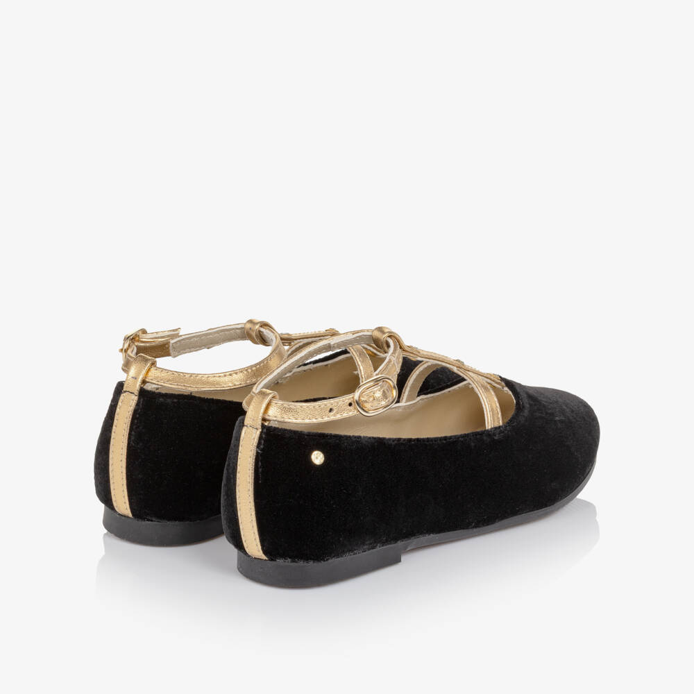Manuela de Juan-Girls Black Velvet & Gold Leather Bar Shoes | Childrensalon Outlet