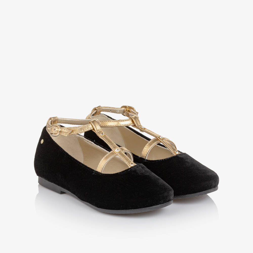 Manuela de Juan-Girls Black Velvet & Gold Leather Bar Shoes | Childrensalon Outlet