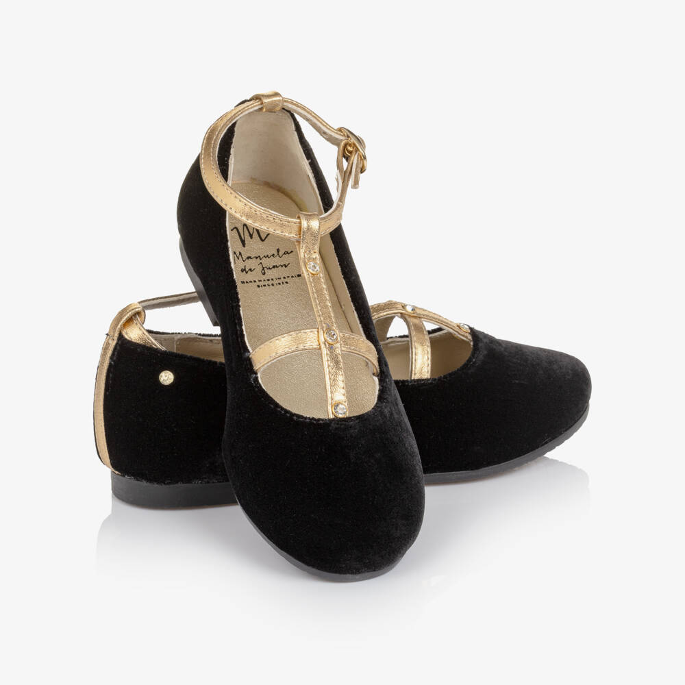 Manuela de Juan-Girls Black Velvet & Gold Leather Bar Shoes | Childrensalon Outlet