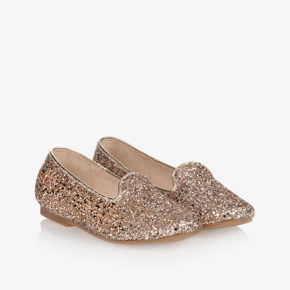 Manuela de Juan-Girls Gold Glitter Leather Slip-On Shoes | Childrensalon Outlet