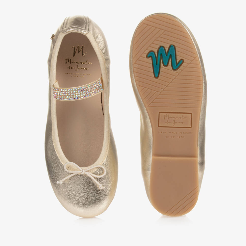 Manuela de Juan-Girls Gold Leather Gem Strap Pumps | Childrensalon Outlet