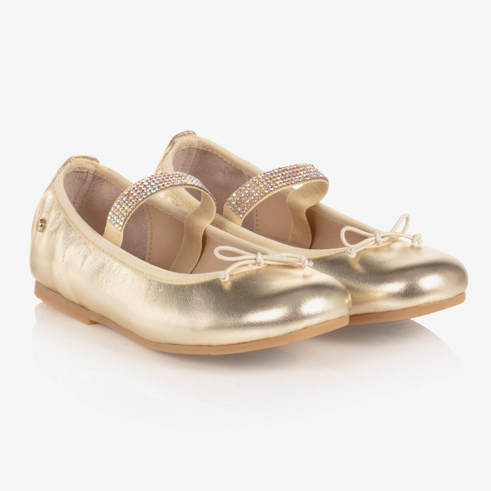 Manuela de Juan-Girls Gold Leather Gem Strap Pumps | Childrensalon Outlet