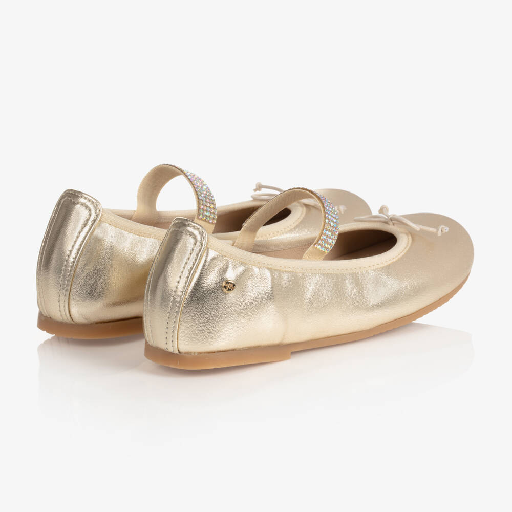 Manuela de Juan-Girls Gold Leather Gem Strap Pumps | Childrensalon Outlet