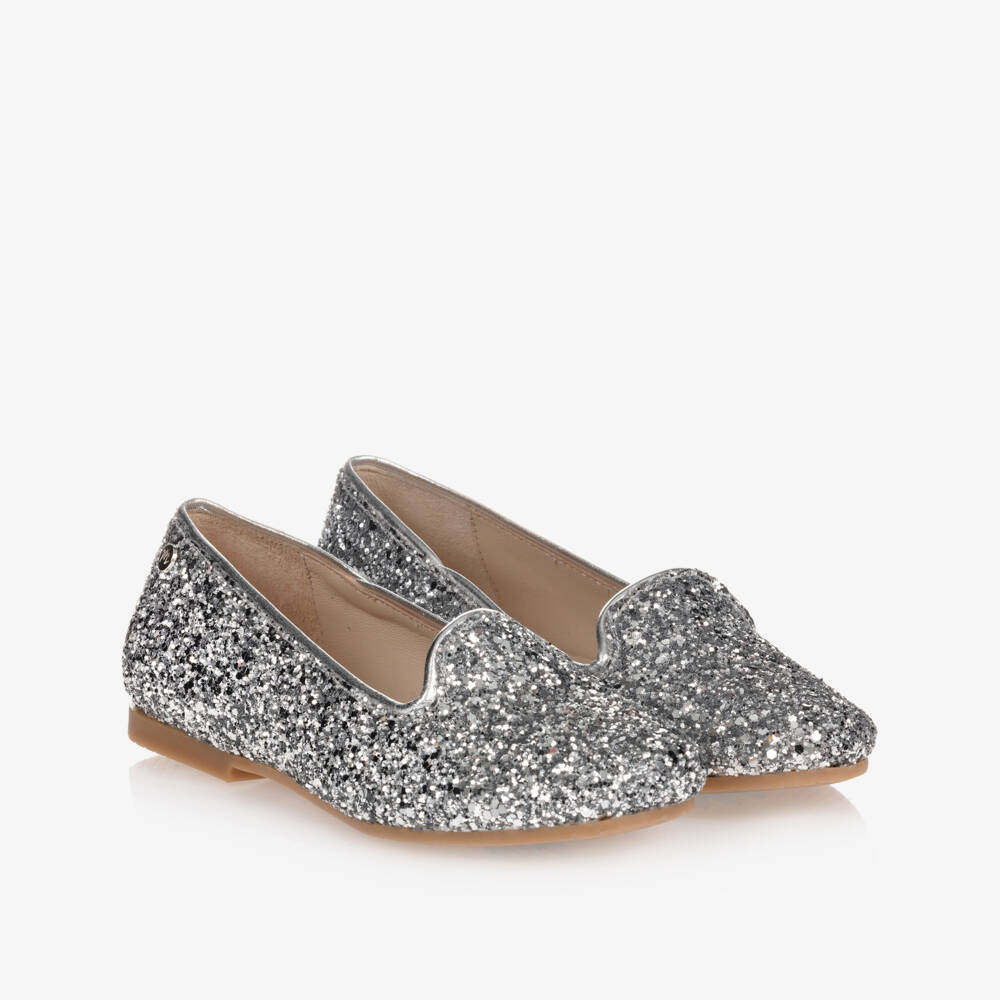 Manuela de Juan-Girls Sparkly Silver Leather Slip-Ons | Childrensalon Outlet