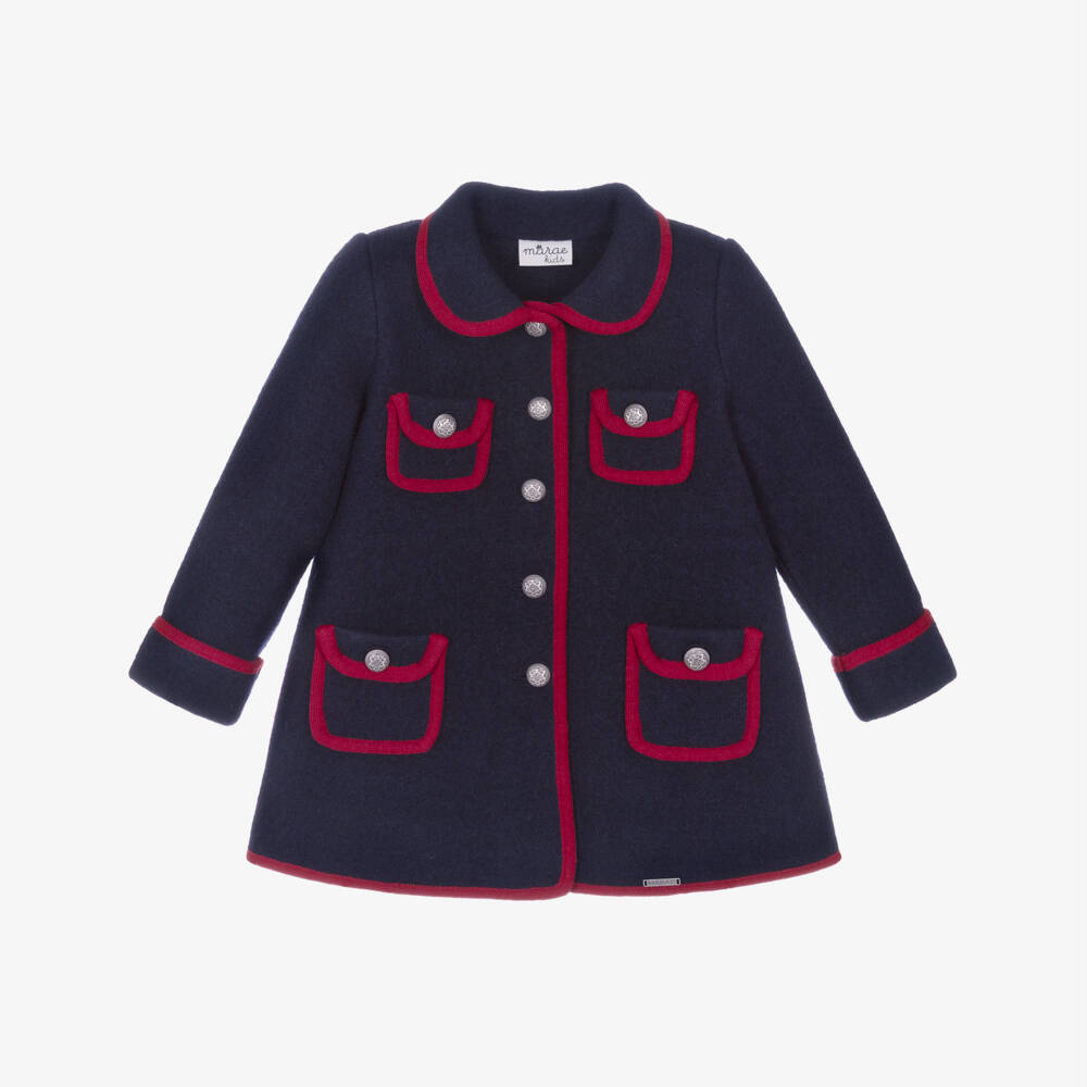 Marae Kids-Girls Navy Blue & Red Merino Wool Coat | Childrensalon Outlet