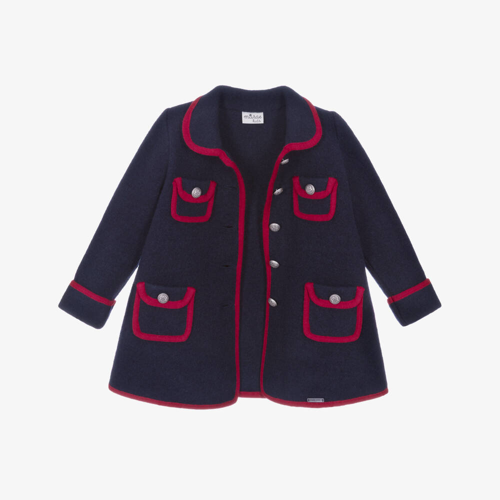 Marae Kids-Girls Navy Blue & Red Merino Wool Coat | Childrensalon Outlet