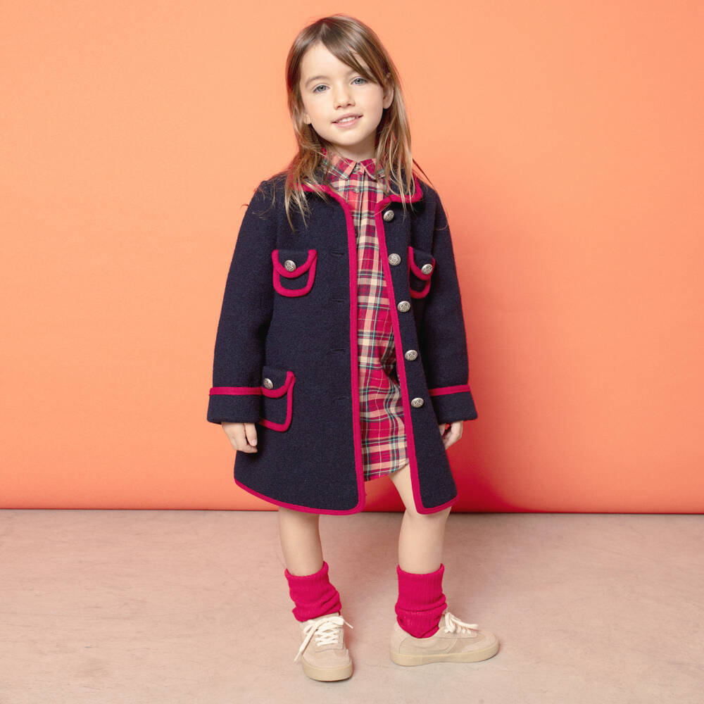 Marae Kids-Girls Navy Blue & Red Merino Wool Coat | Childrensalon Outlet