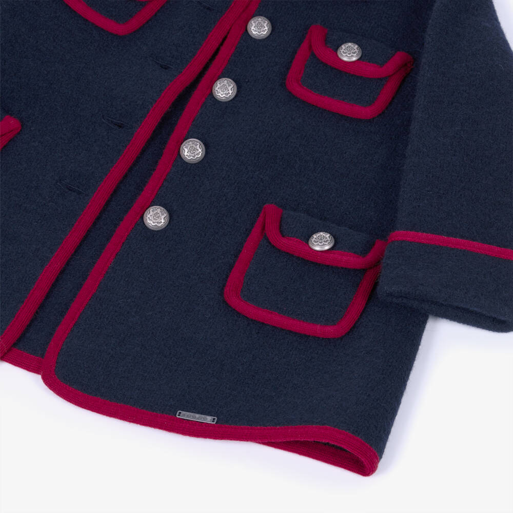 Marae Kids-Girls Navy Blue & Red Merino Wool Coat | Childrensalon Outlet