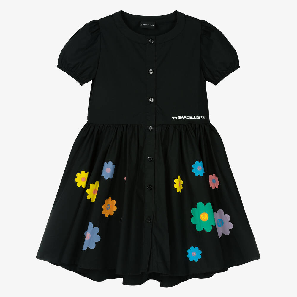 Marc Ellis - Girls Black Cotton Flower Print Dress | Childrensalon