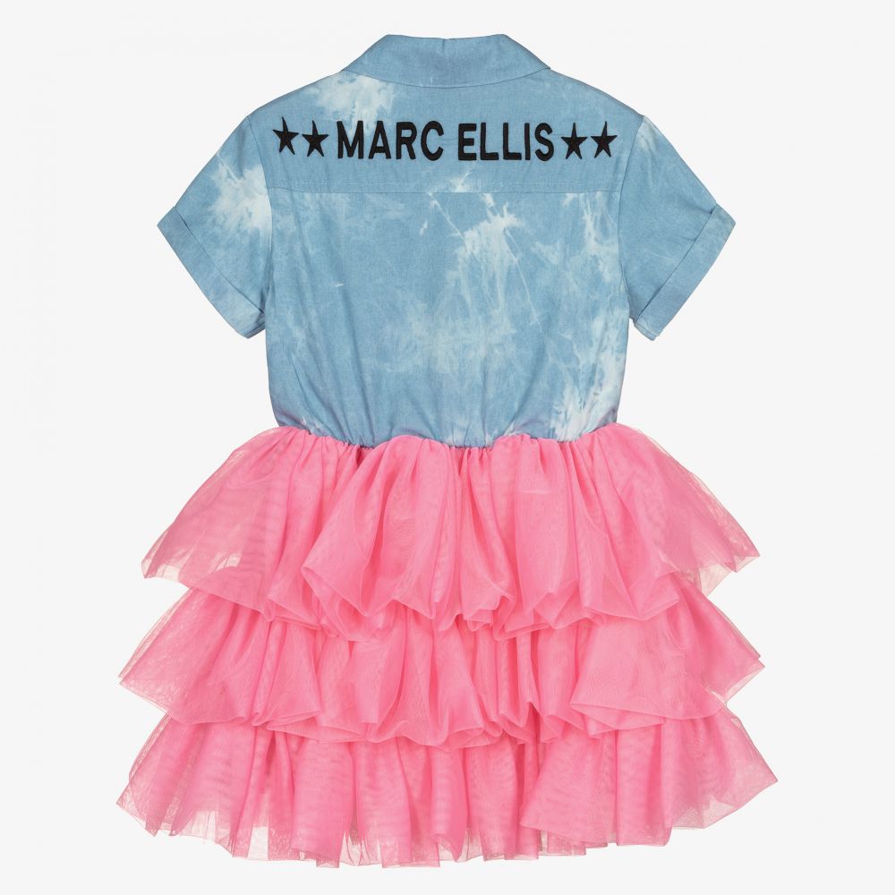 Marc Ellis-فستان قطن شامبري وتول لون أزرق وزهري | Childrensalon Outlet