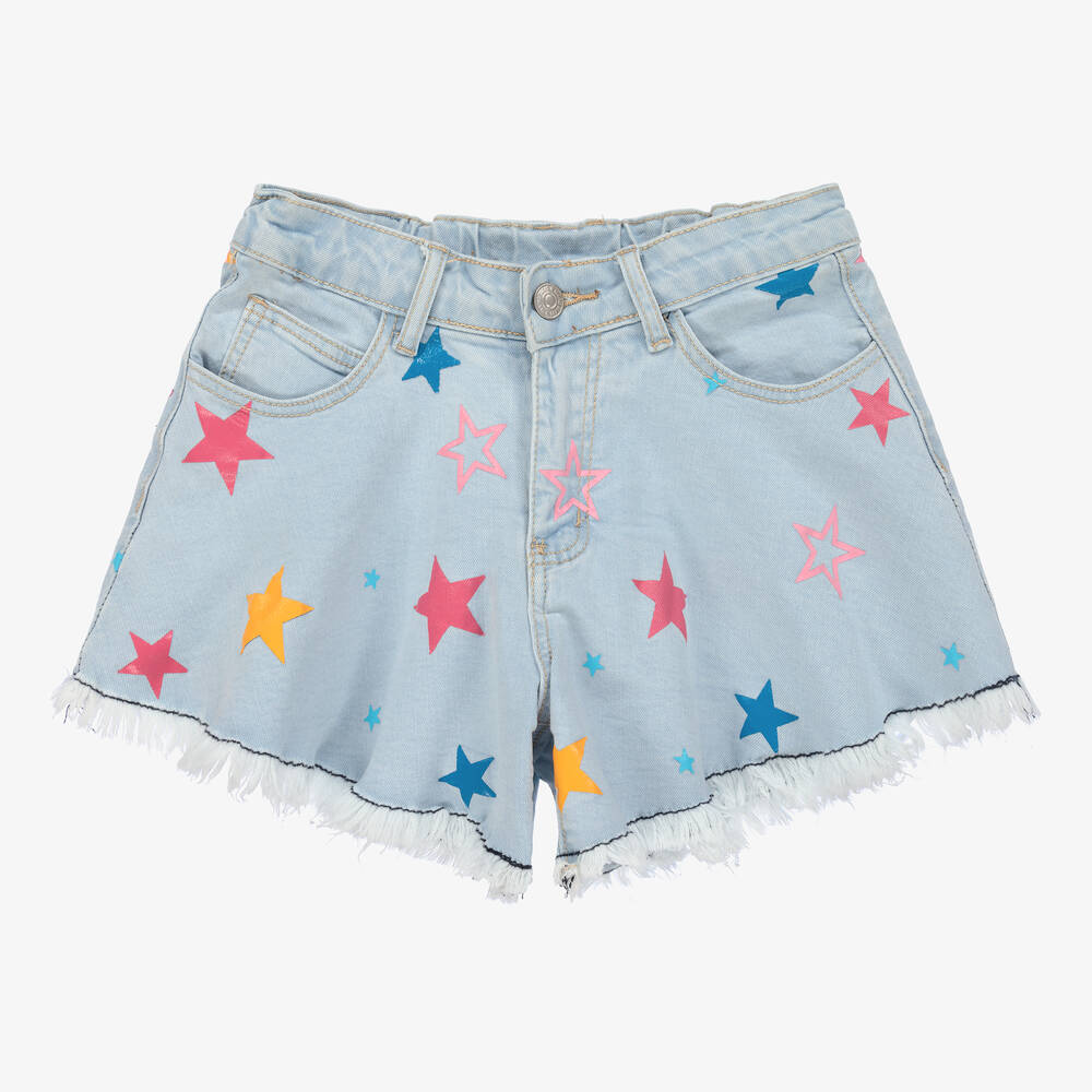 Girls Blue Star Print Denim Shorts