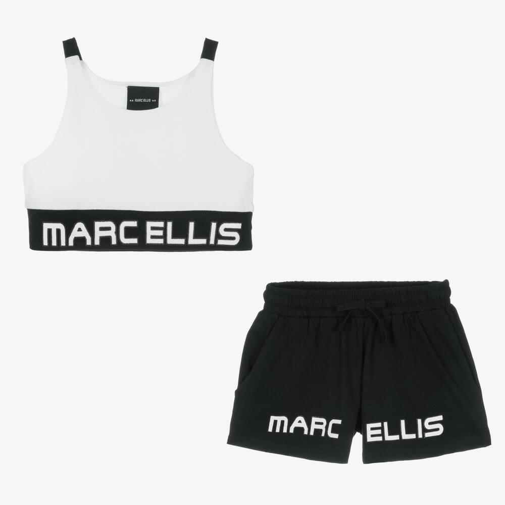 Marc Ellis - Girls White & Black Logo Cotton Shorts Set | Childrensalon