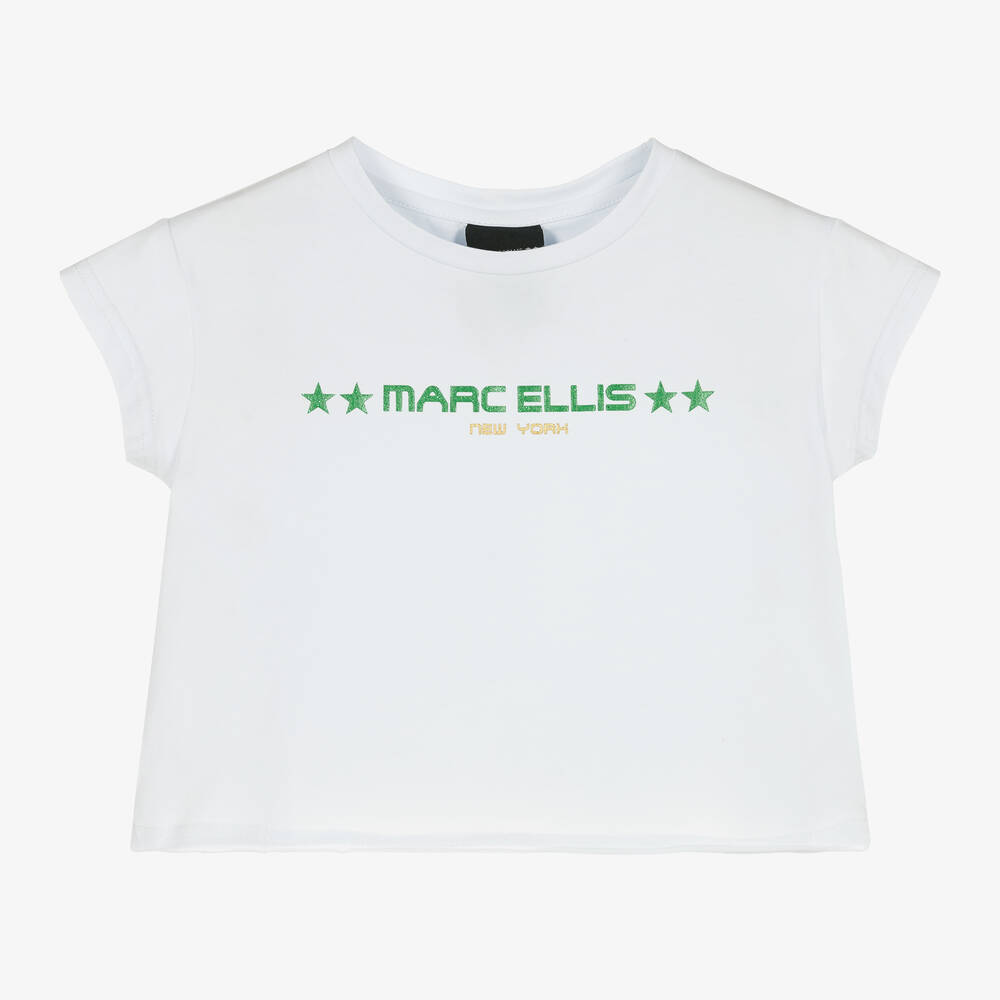 Marc Ellis - Girls White Glitter Logo Crop T-Shirt | Childrensalon