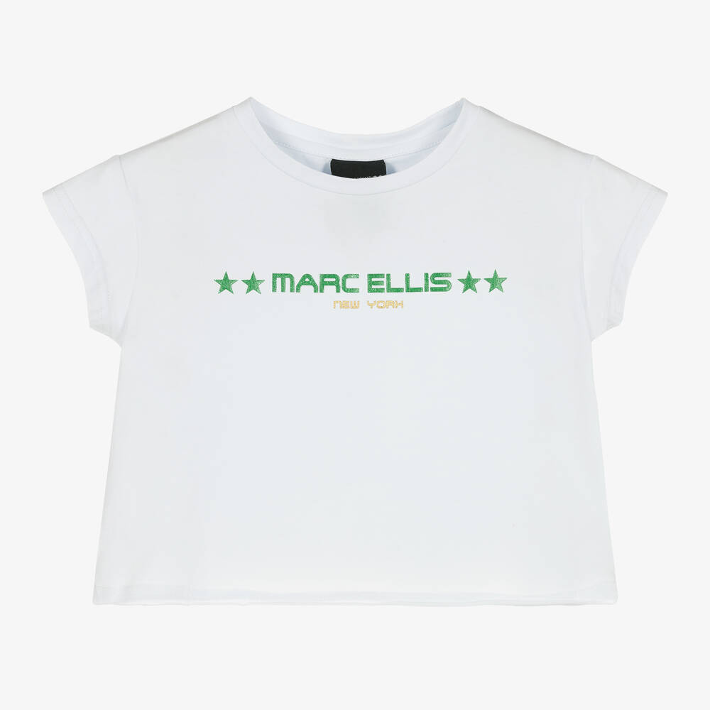 Marc Ellis-Girls White Glitter Logo Crop T-Shirt | Childrensalon Outlet