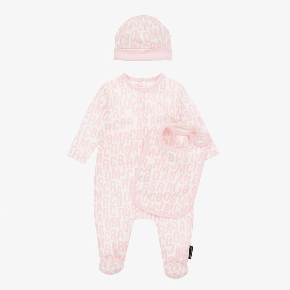 MARC JACOBS-Baby Girls Pink Jumbled Logo Babysuit Set | Childrensalon Outlet