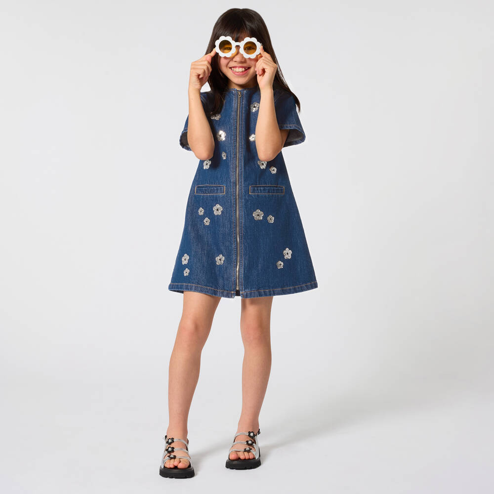 MARC JACOBS-Blue Denim Daisy Embroidered Dress | Childrensalon Outlet