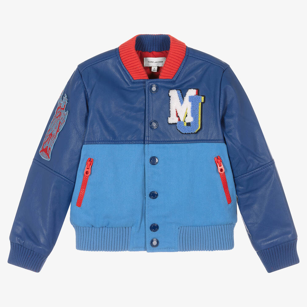 MARC JACOBS - Boys Blue Leather Logo Varsity Jacket | Childrensalon
