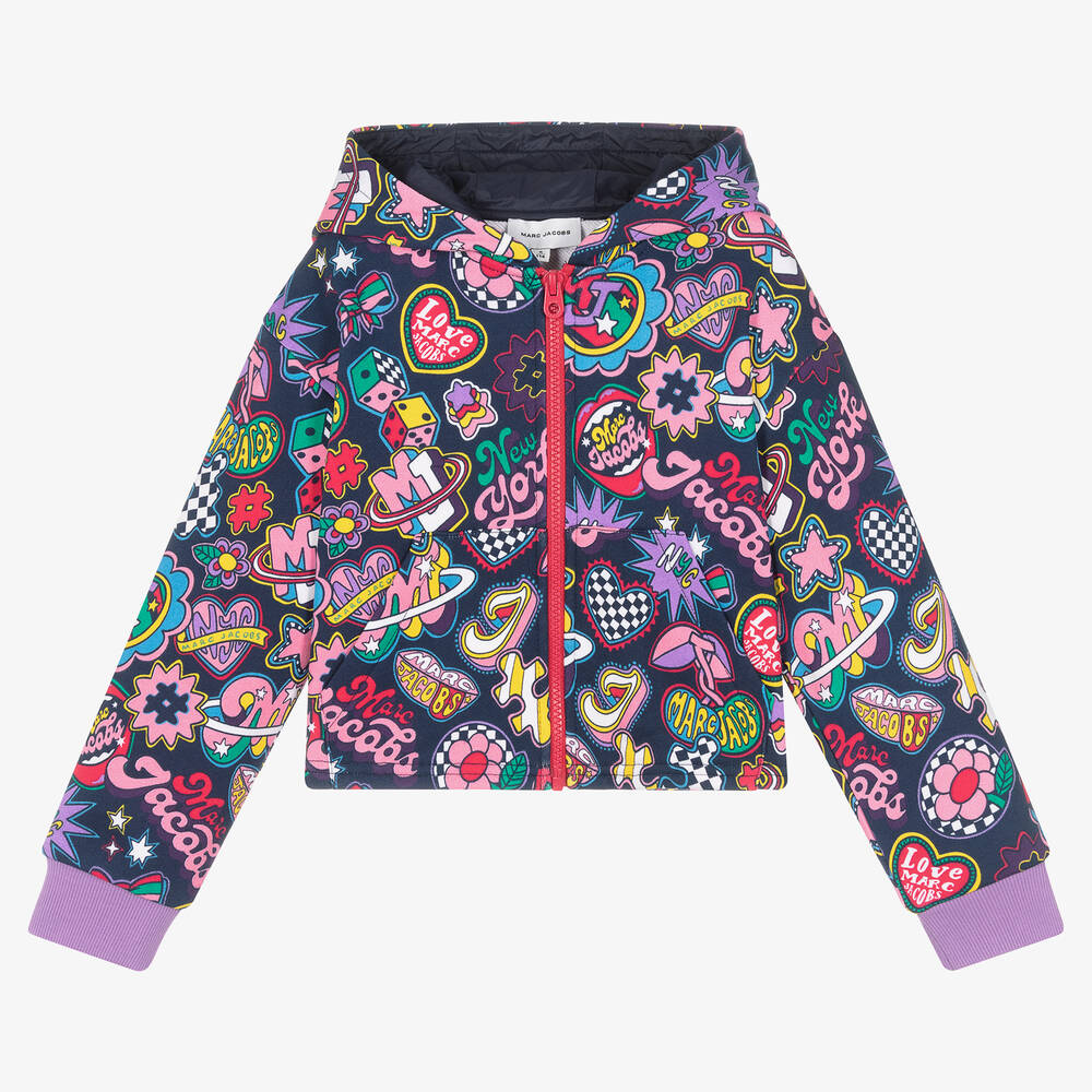 MARC JACOBS - Girls Blue Cotton Patches Zip-up Top | Childrensalon