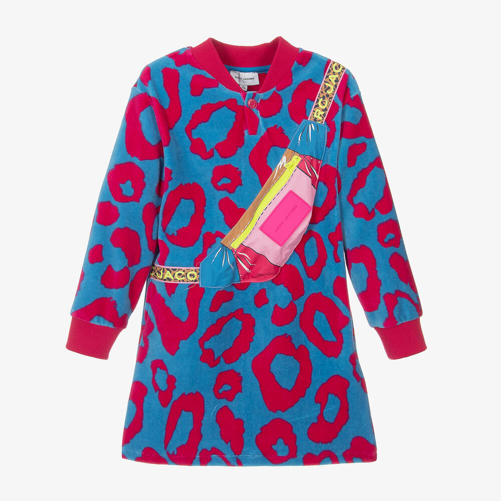 MARC JACOBS - فستان بطبعة الفهد قطن قطيفة لون أزرق وزهري | Childrensalon