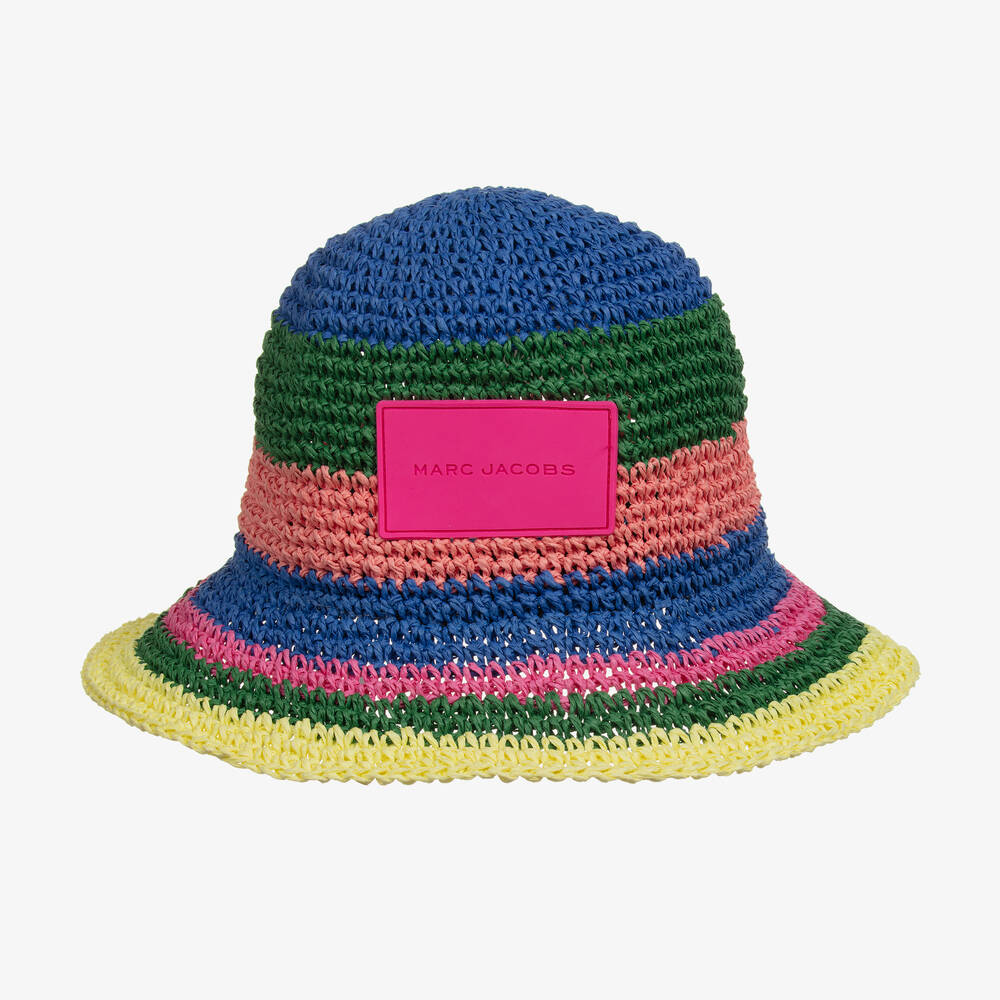 MARC JACOBS - Girls Blue & Pink Stripe Straw Logo Hat | Childrensalon