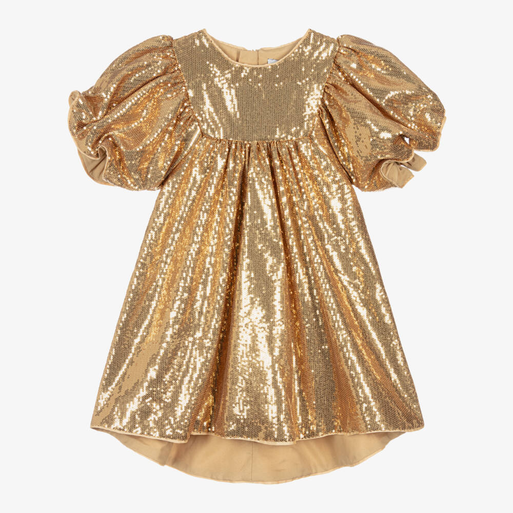 MARC JACOBS-فستان بأكمام منفوخة ترتر لون ذهبي | Childrensalon Outlet