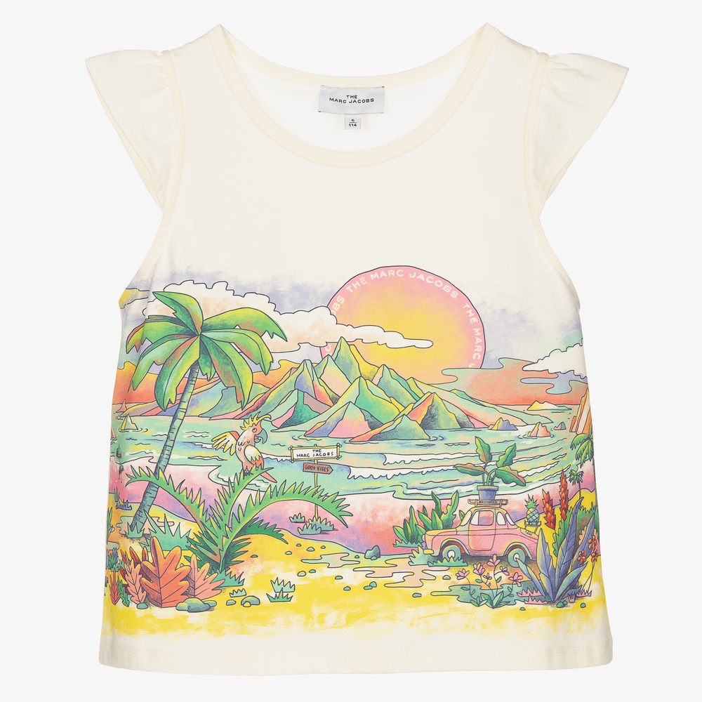 MARC JACOBS - Кремовая футболка с гавайским пейзажем для девочек | Childrensalon