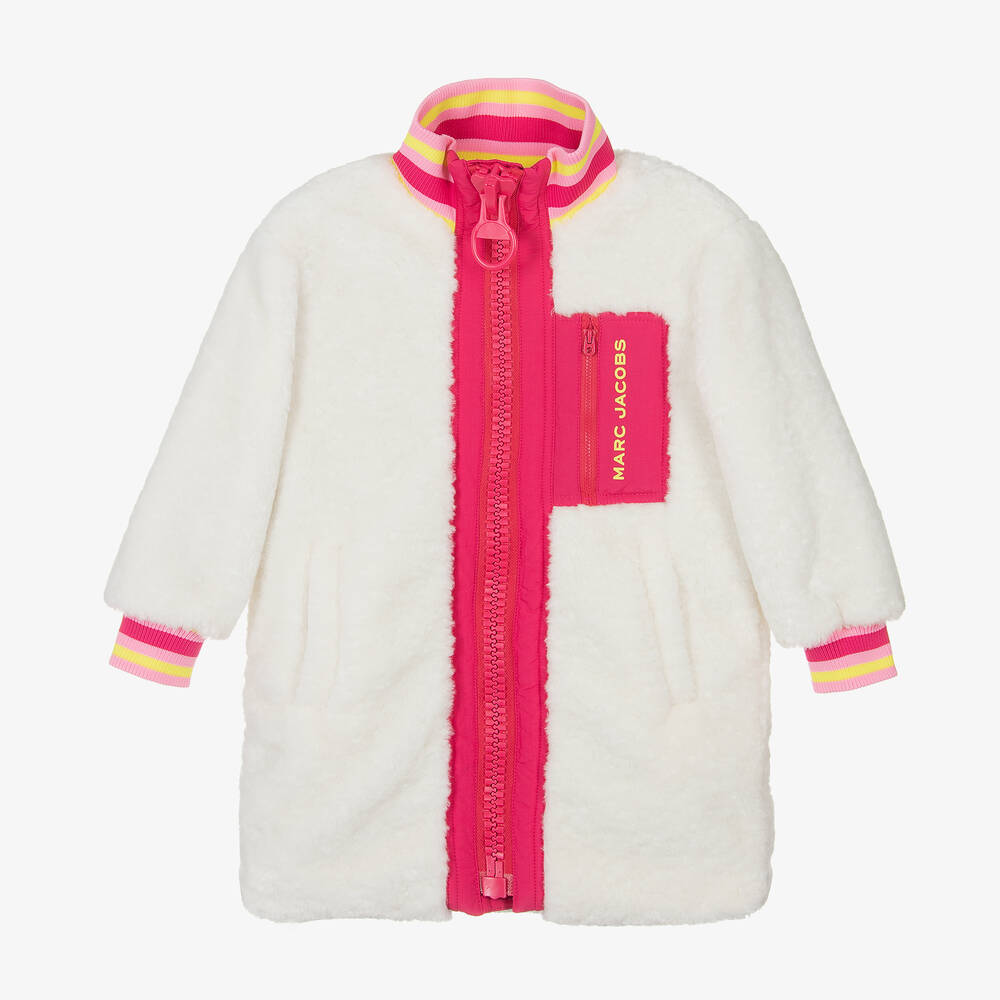 MARC JACOBS - Girls Ivory & Pink Faux Shearling Coat  | Childrensalon