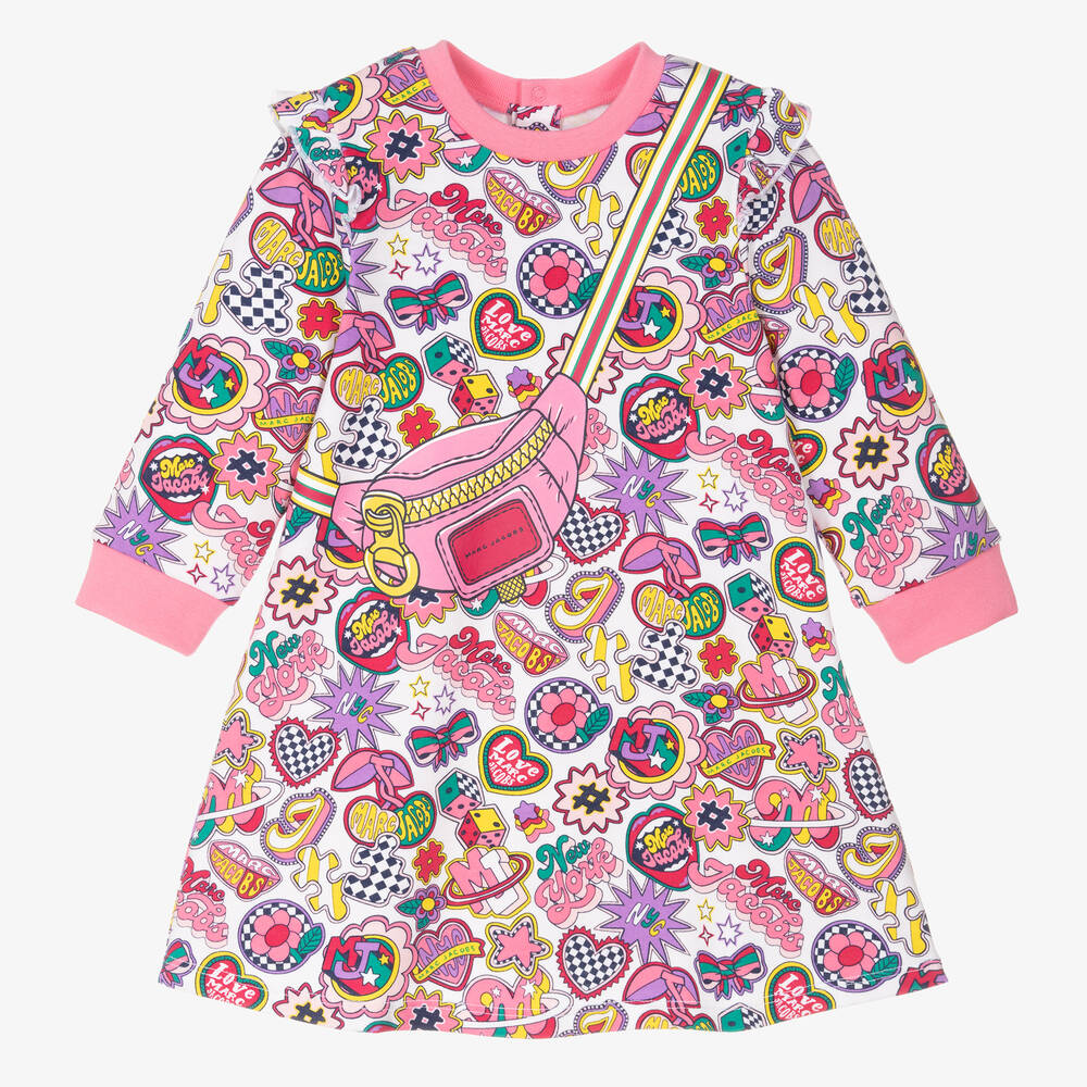 MARC JACOBS-Розовое плопковое платье с принтом и нашивками | Childrensalon Outlet