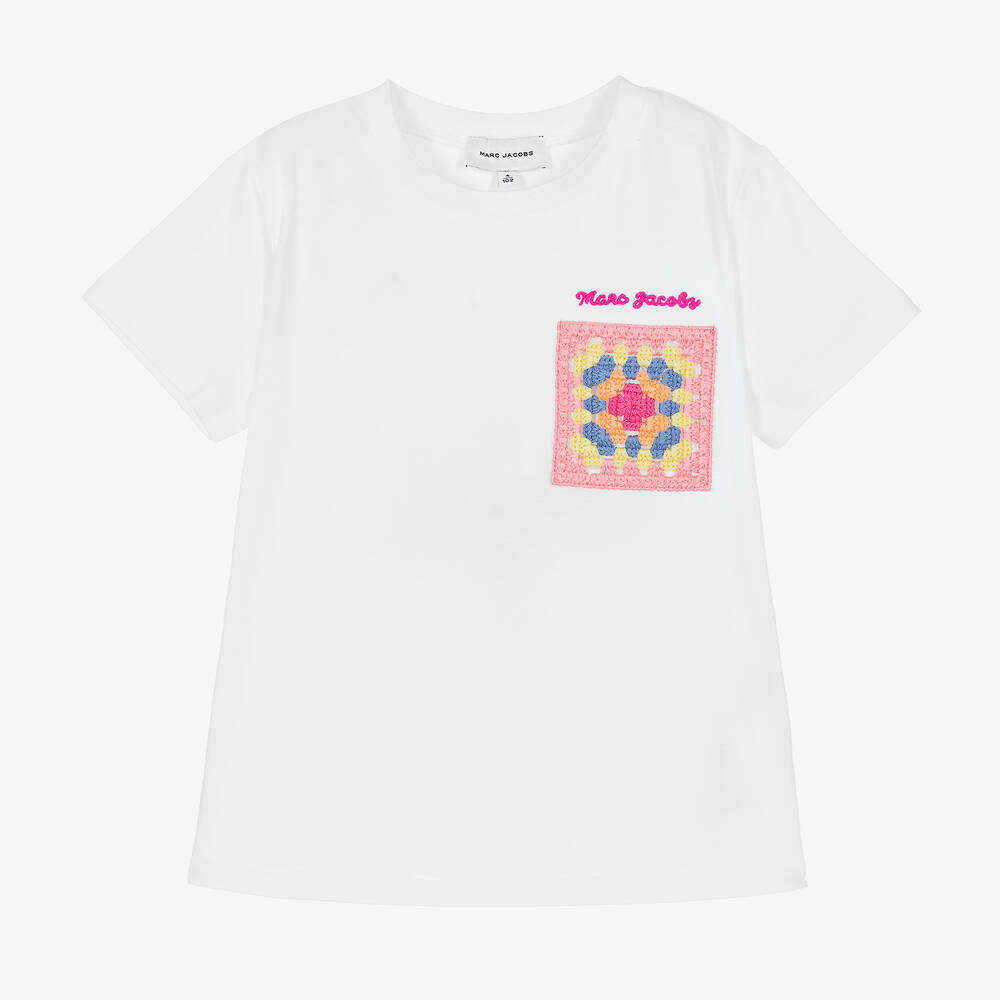 MARC JACOBS - Girls White Cotton & Crochet Logo T-Shirt | Childrensalon