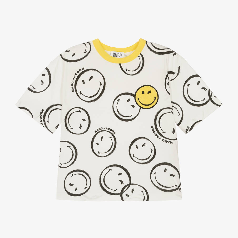 MARC JACOBS-Ivory Organic Cotton Smiley Faces T-Shirt | Childrensalon Outlet