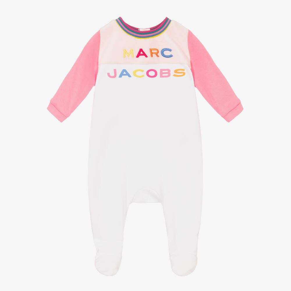 MARC JACOBS - White & Pink Cotton Logo Babygrow | Childrensalon