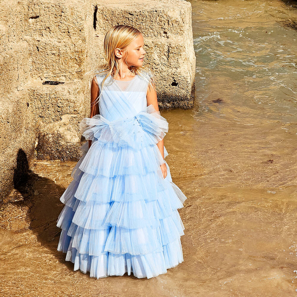 Marchesa Kids Couture Girls Blue Pleated Tulle Bow Dress