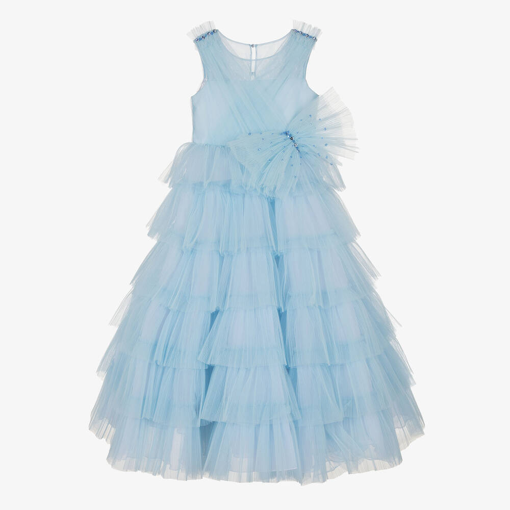 Marchesa Kids Couture - Girls Blue Pleated Tulle Bow Dress  | Childrensalon