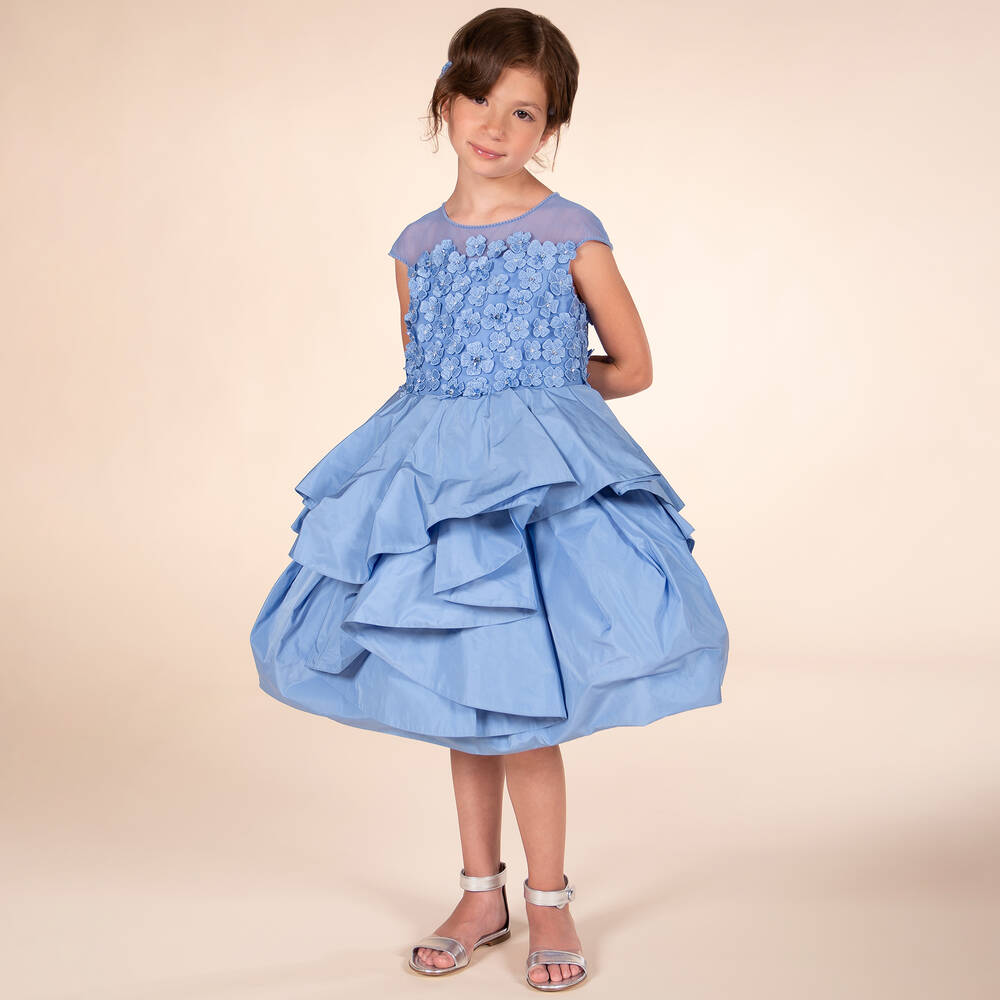 مارشيزا كيدز كوتور-فستان تافتا ومكرميه لون أزرق | Childrensalon Outlet