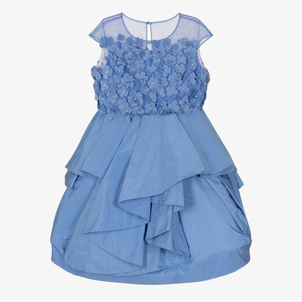 Marchesa Kids Couture - Girls Blue Taffeta & Macramé Flower Dress  | Childrensalon