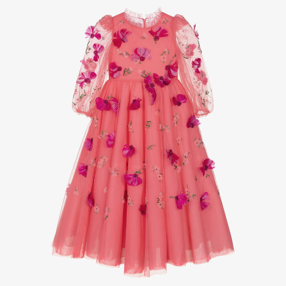 Marchesa Kids Couture - Girls Coral Pink Tulle Floral Dress  | Childrensalon