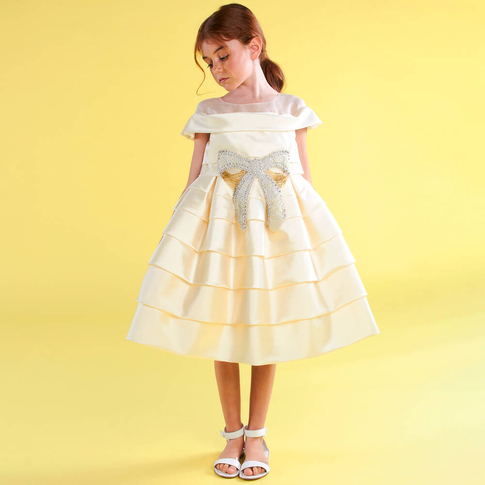 Marchesa Kids Couture-Girls Gold Satin & Beads Silk Bow Dress | Childrensalon Outlet
