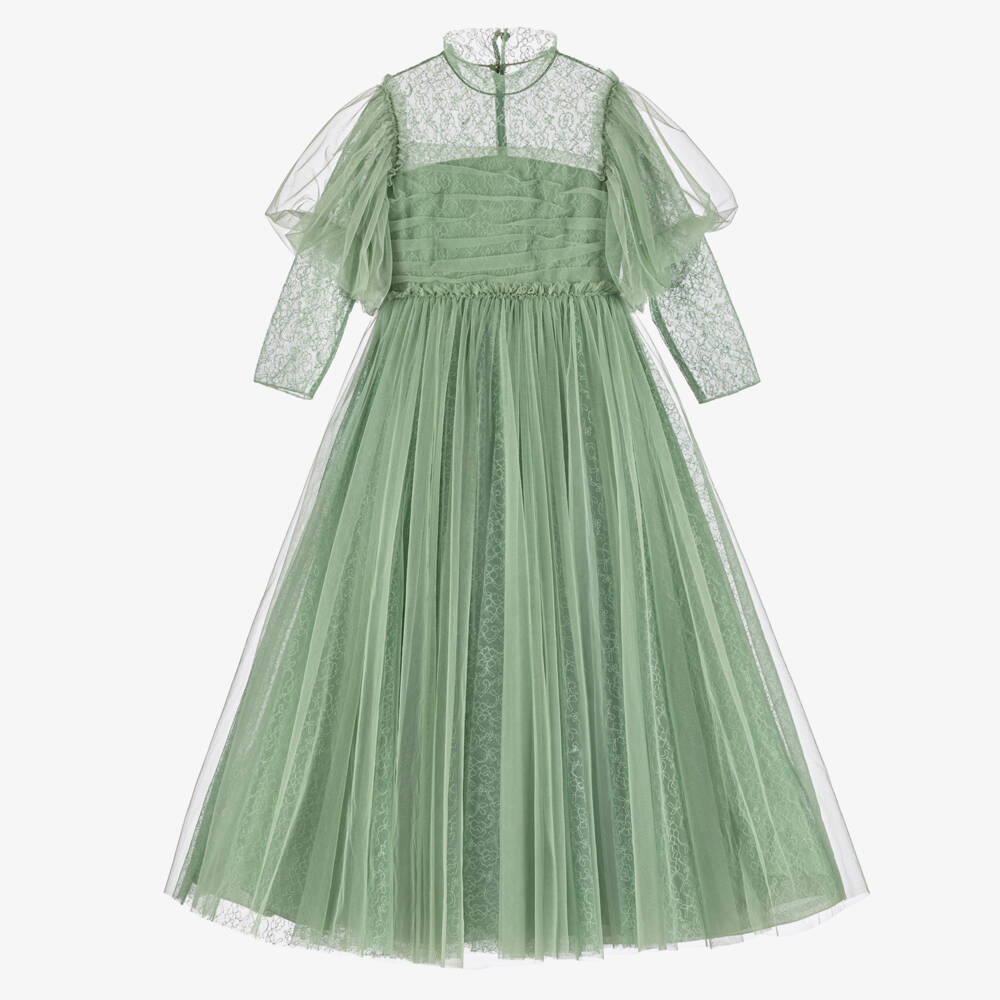 Marchesa Kids Couture-Girls Green Embroidered Tulle Lace Maxi Dress | Childrensalon Outlet