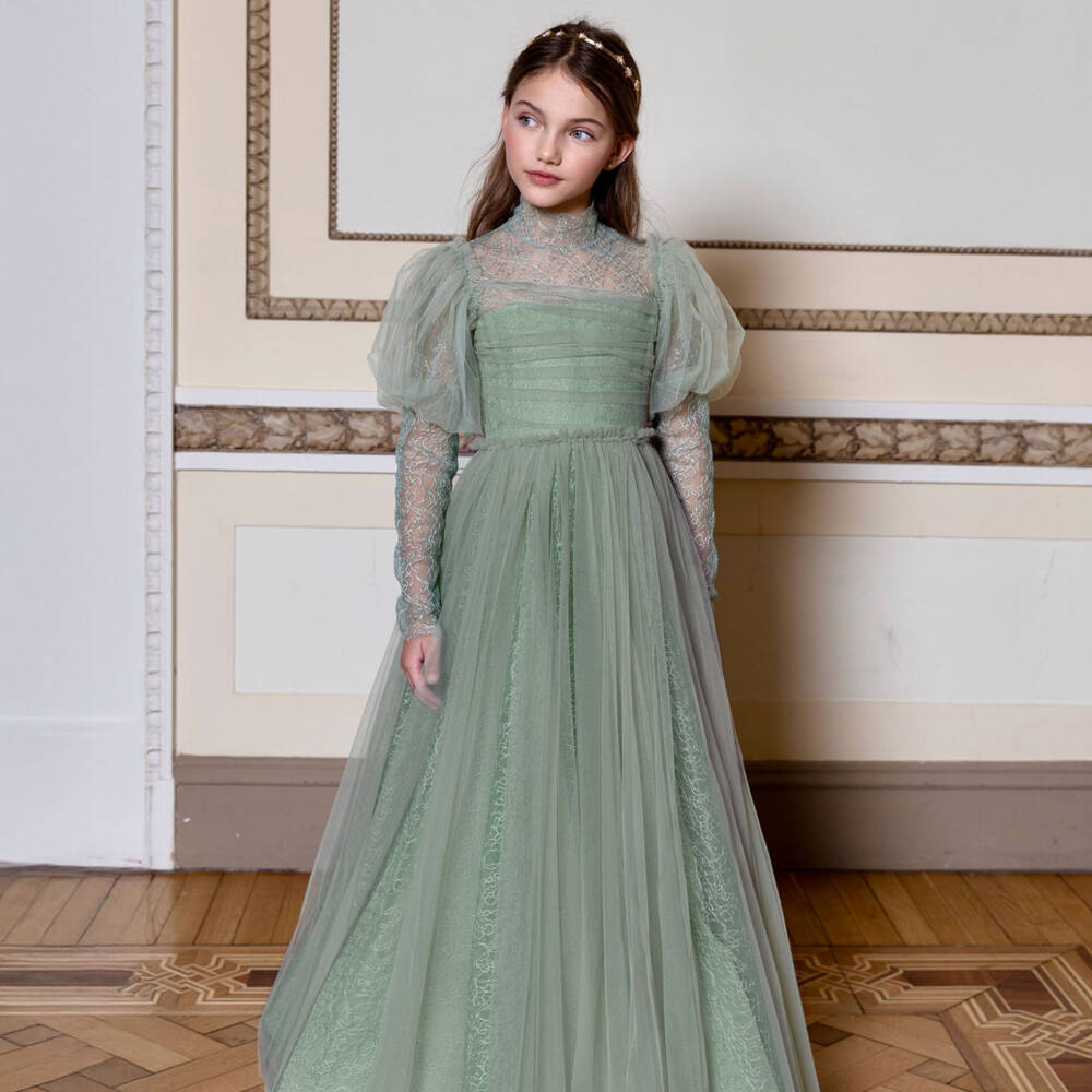 Marchesa Kids Couture-Girls Green Embroidered Tulle Lace Maxi Dress | Childrensalon Outlet
