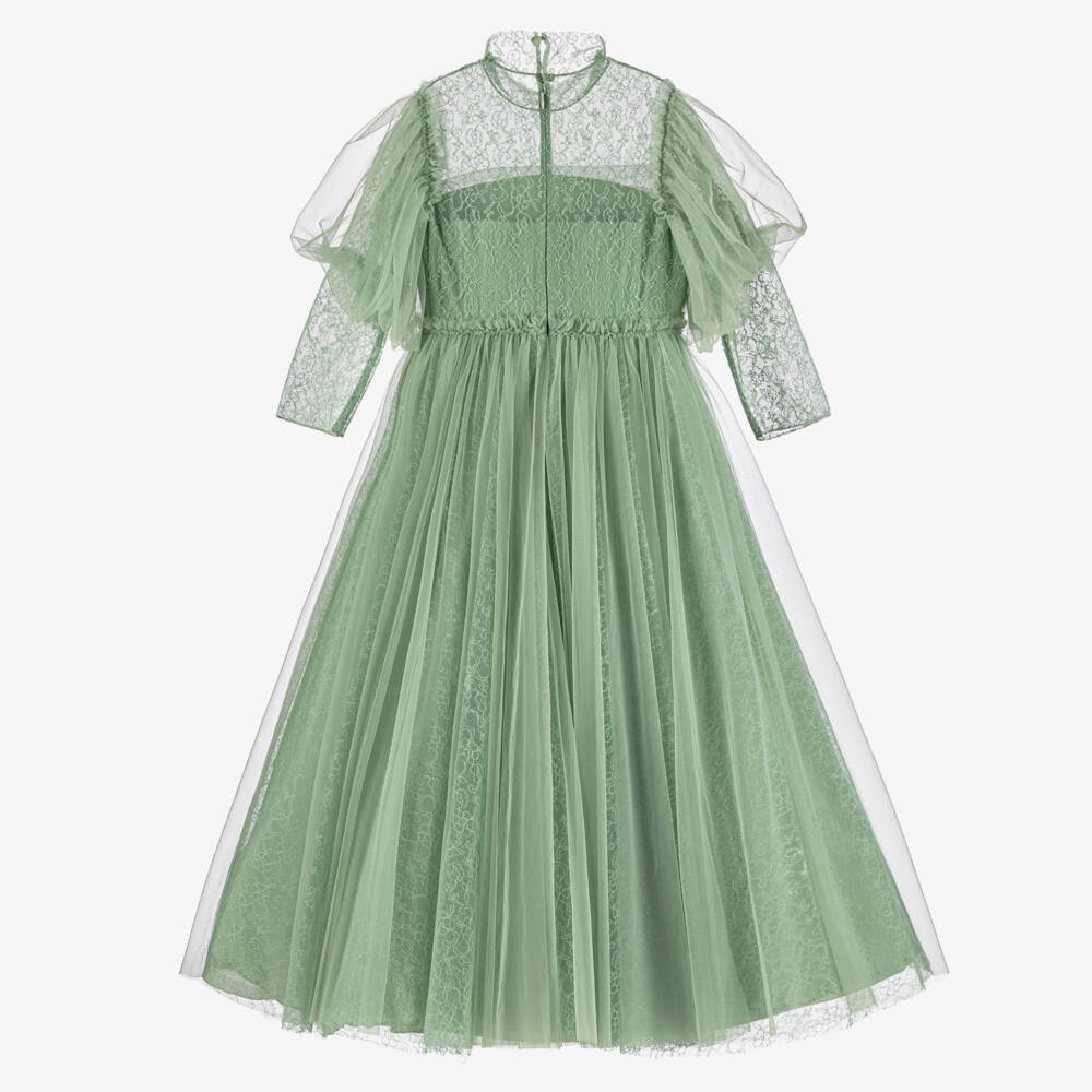 Marchesa Kids Couture-Girls Green Embroidered Tulle Lace Maxi Dress | Childrensalon Outlet