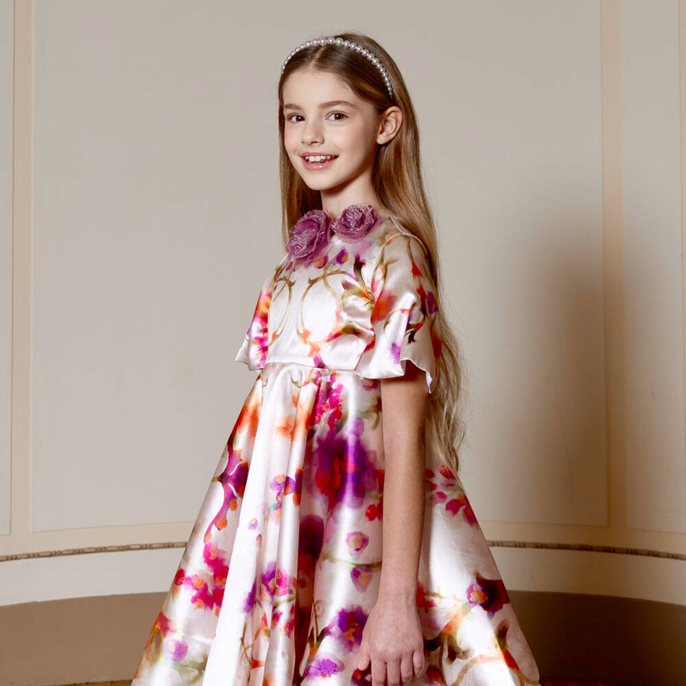 Marchesa Kids Couture-Girls Ivory Satin Twill Floral Print Dress | Childrensalon Outlet