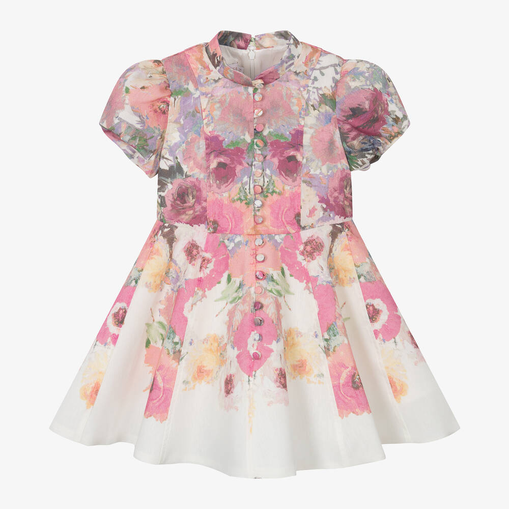 Marchesa Kids Couture-Girls Pink & Ivory Floral Cotton Dress | Childrensalon Outlet