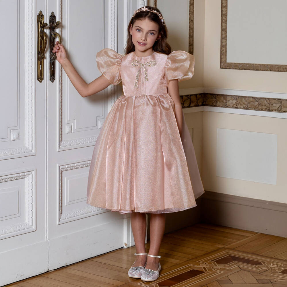 Marchesa Kids Couture-Girls Pink Organza Dress with Jewelled Bow | Childrensalon Outlet