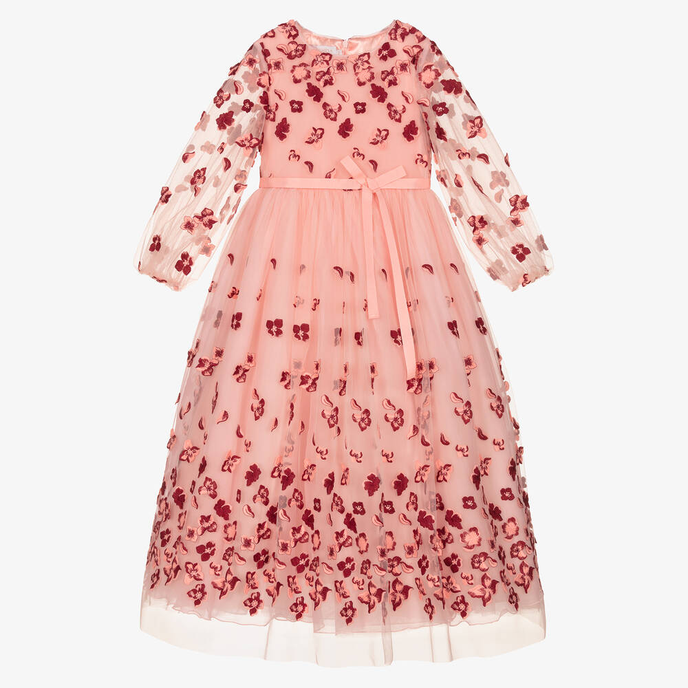 Marchesa Kids Couture - فستان تول لون زهري وأحمر مطرز بورود | Childrensalon