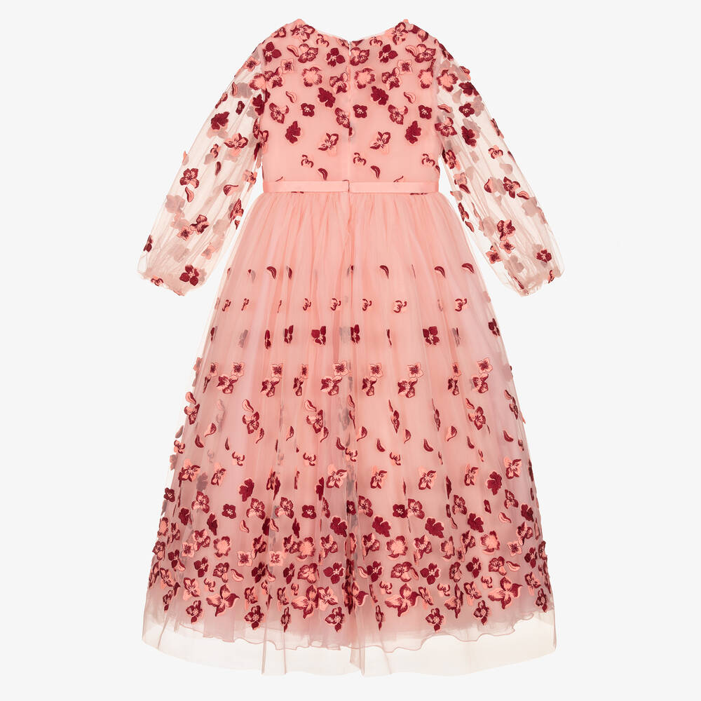 Marchesa Kids Couture-فستان تول لون زهري وأحمر مطرز بورود | Childrensalon Outlet