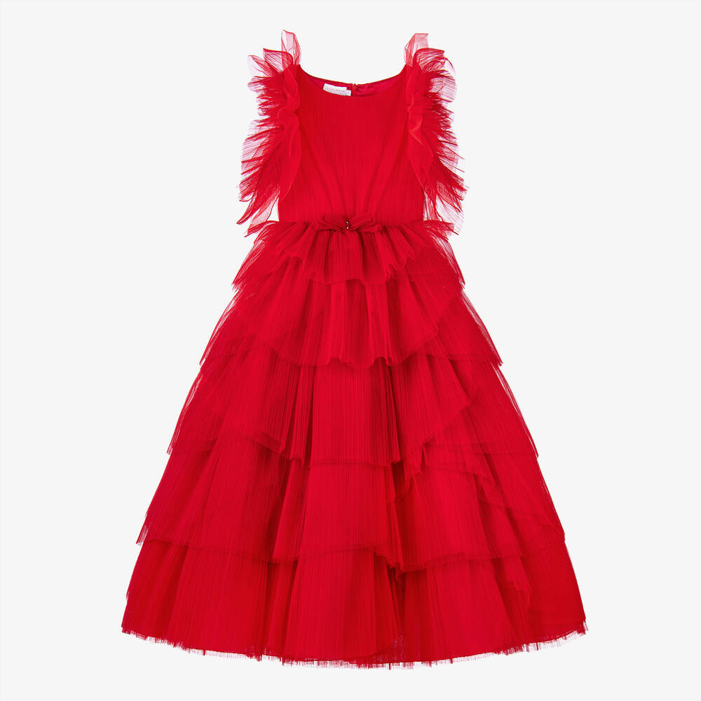 Marchesa Kids Couture - فستان تول بطبقات وكسرات لون أحمر | Childrensalon